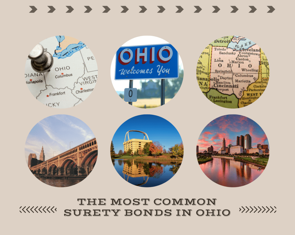 Surety Bonds in Ohio - What are Ohio Contractor License Bonds? - Landmarks and map of ohio in circle frames brown background